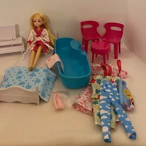 Barbie size Furniture, with Doll, Accessories, jammies, +++